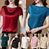 Summer Women's Fashion Comfortable Clothes Solid Color O Neck Short Sleeve Silk Top Casual Loose Satin T Shirt Plus Size Shirt