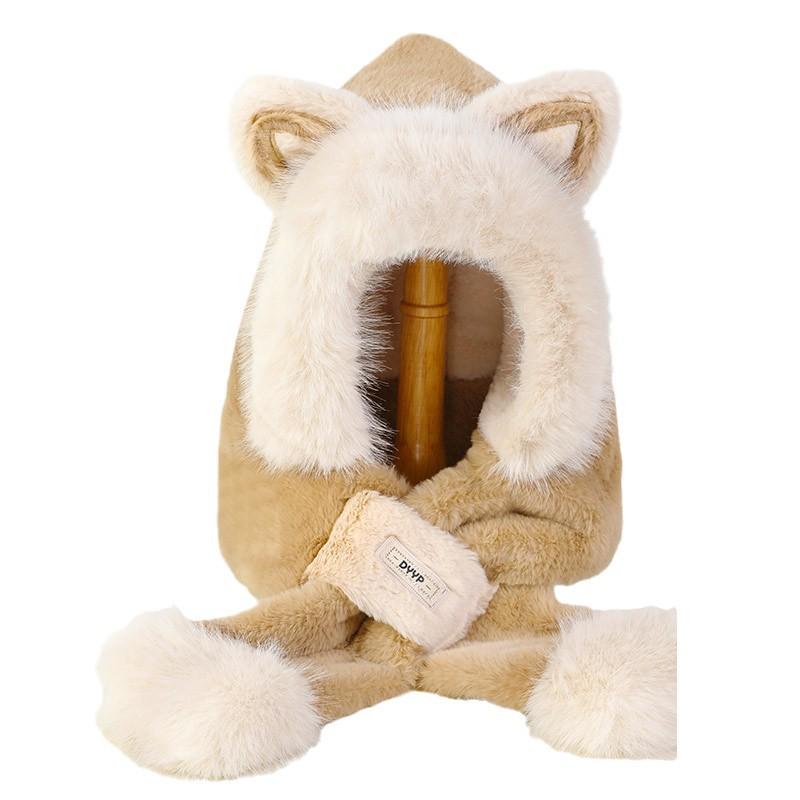 Women's Cozy Fox Ear Plush Hat with Integrated Scarf - Warm, Soft Lei Feng Design for Autumn and Winter. Perfect Ear Protection for Students.