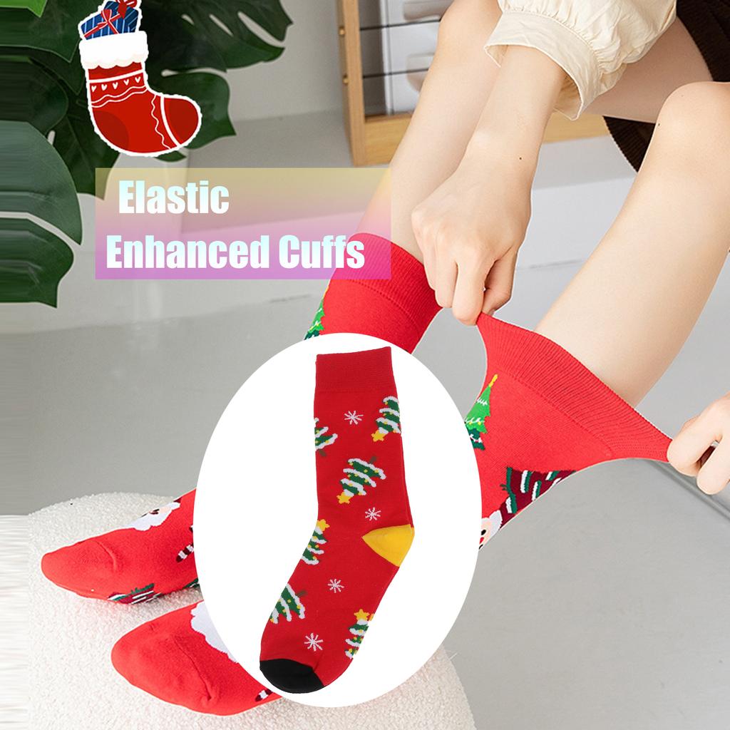 5 Pairs Set Christmas Crew Socks for Women, Cute Santa Snowman Xmas Tree Printed Cotton Socks, Winter Warm Casual Fashion Socks