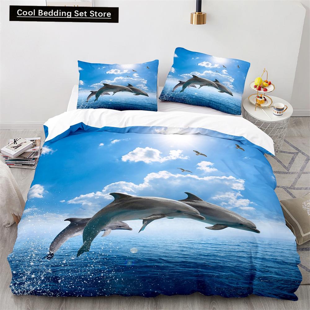Пододеяльник с дельфином, размер King Queen, прекрасный комплект постельного белья с изображением морской жизни для детей, мальчиков и девочек, милый морской зверь, 2/3 предмета, полиэстеровое одеяло