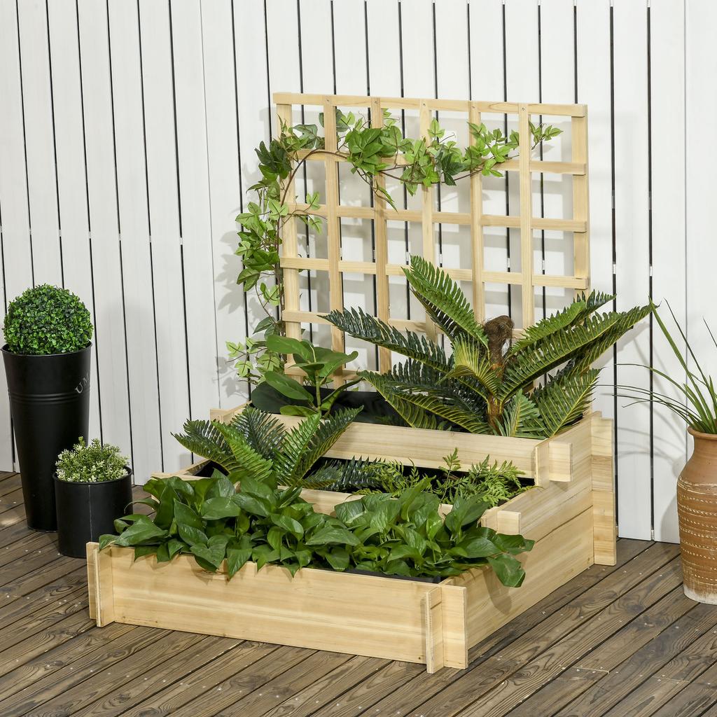 3 Tier Garden Planters with Trellis for Vine Climbing, Wooden Raised Beds, 95x95x110cm, Natural Tone