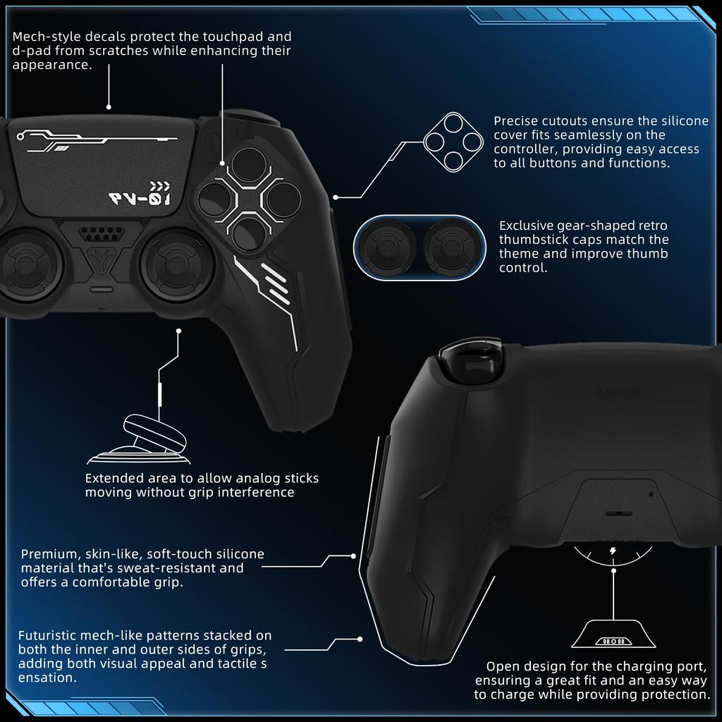 Силиконовый чехол для PlayVital Mecha Edition PS5 улучшенный, совместимый с зарядным колпачком и наклейкой, в комплекте контроллер, ударопрочный, нескользящий