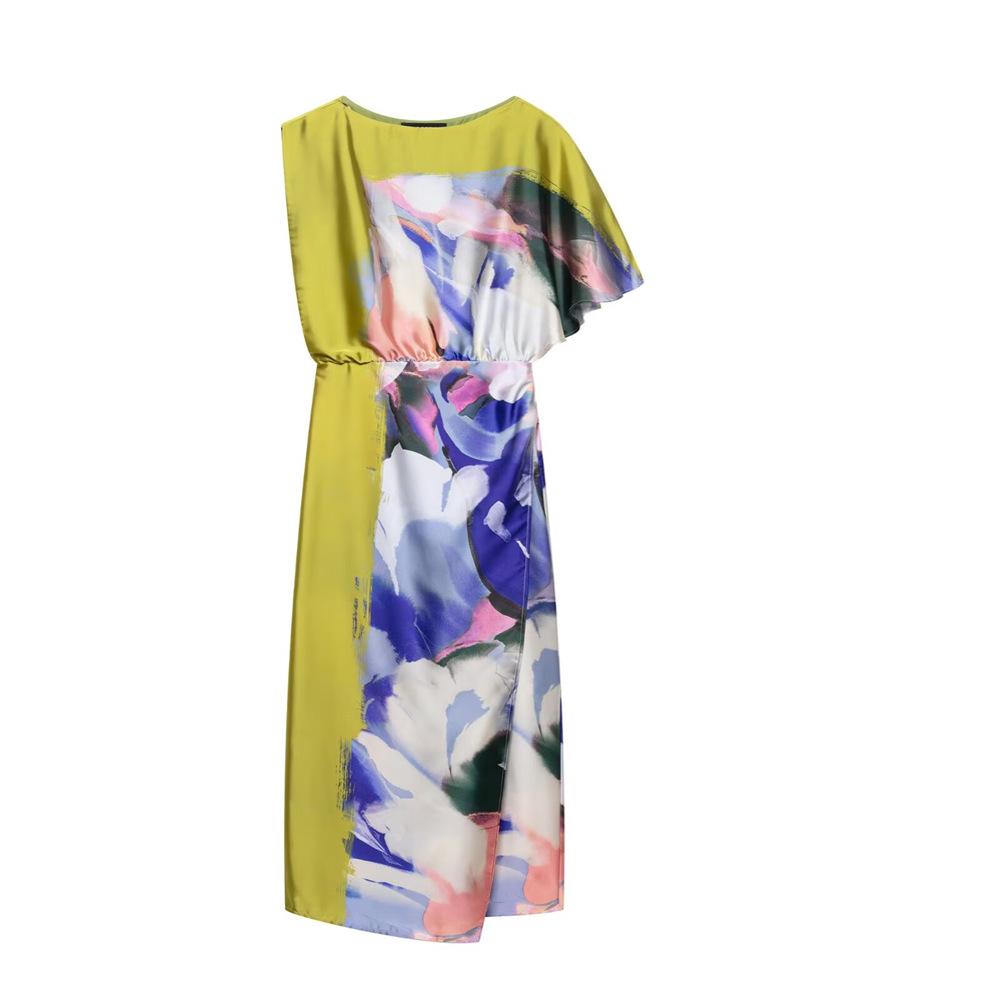 Spring/Summer 2025 Women's Asymmetrical Print Dress—Slim Fit, Round Neck, Versatile Design.