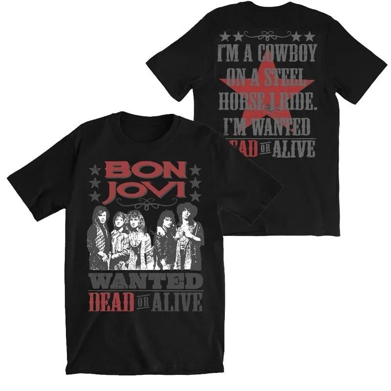Bon Jovi "Wanted Dead or Alive" Ретро Портрет Группы Графическая Унисекс Футболка из Плотного Хлопка Винтажная Рок-Тур