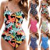 Women Print Jumpsuit Bikini Gather Push Up Sexy Sling Backless Swimsuit Women's Hanging Neck High Waist Suspender Bikini