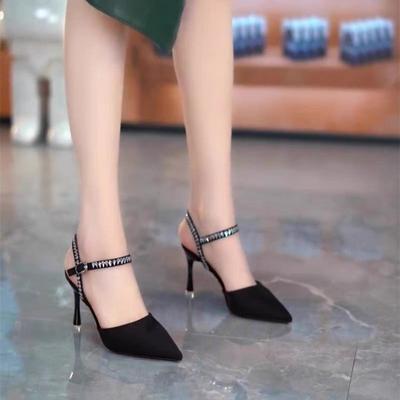 Модные женские босоножки с открытой пяткой на высоком каблуке из бархата со стразами, с острым носком, одинарные туфли на шпильках, вечерние платья на высоком каблуке