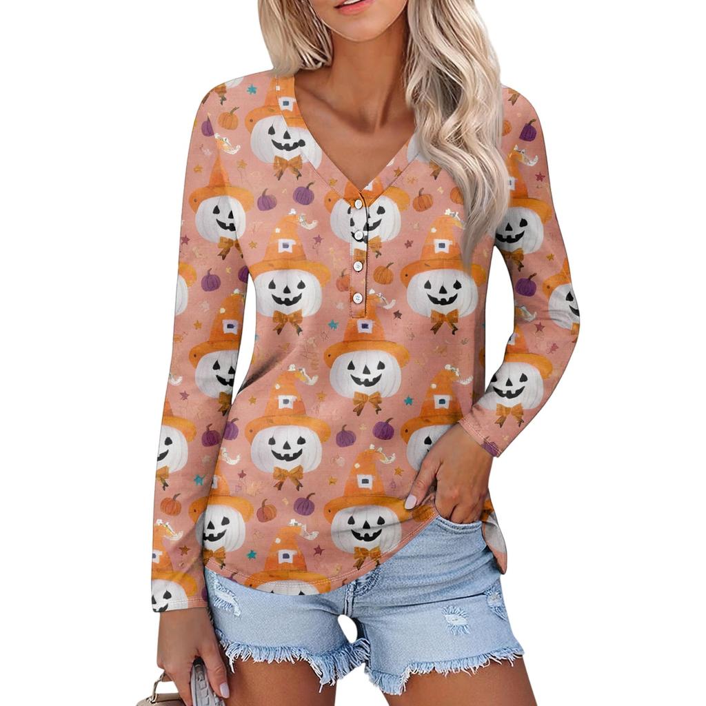 Женская повседневная мода, сексуальный комфорт, Хэллоуин с принтом и v-образным вырезом, пуговицы, длинный рукав