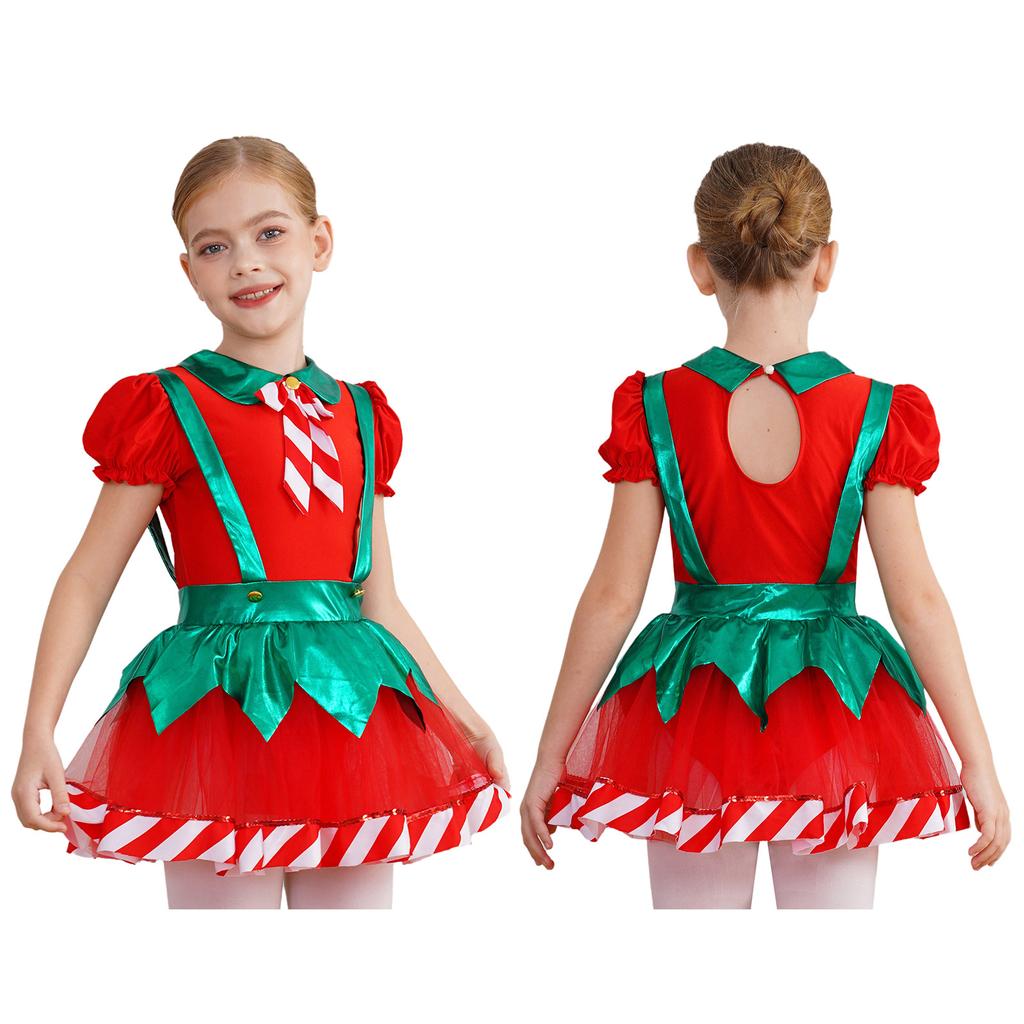 Girls Christmas Tutu Dress Puff Sleeve Hollow Back Bow Stripes Design Suspender Jumpsuit Dance Leotard