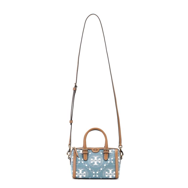 TORY BURCH Tang Libaiqi T Monogram zipper closure, fabric cow leather, barrel bag shoulder crossbody handbag, mini 159640-960-Denim blue and brown