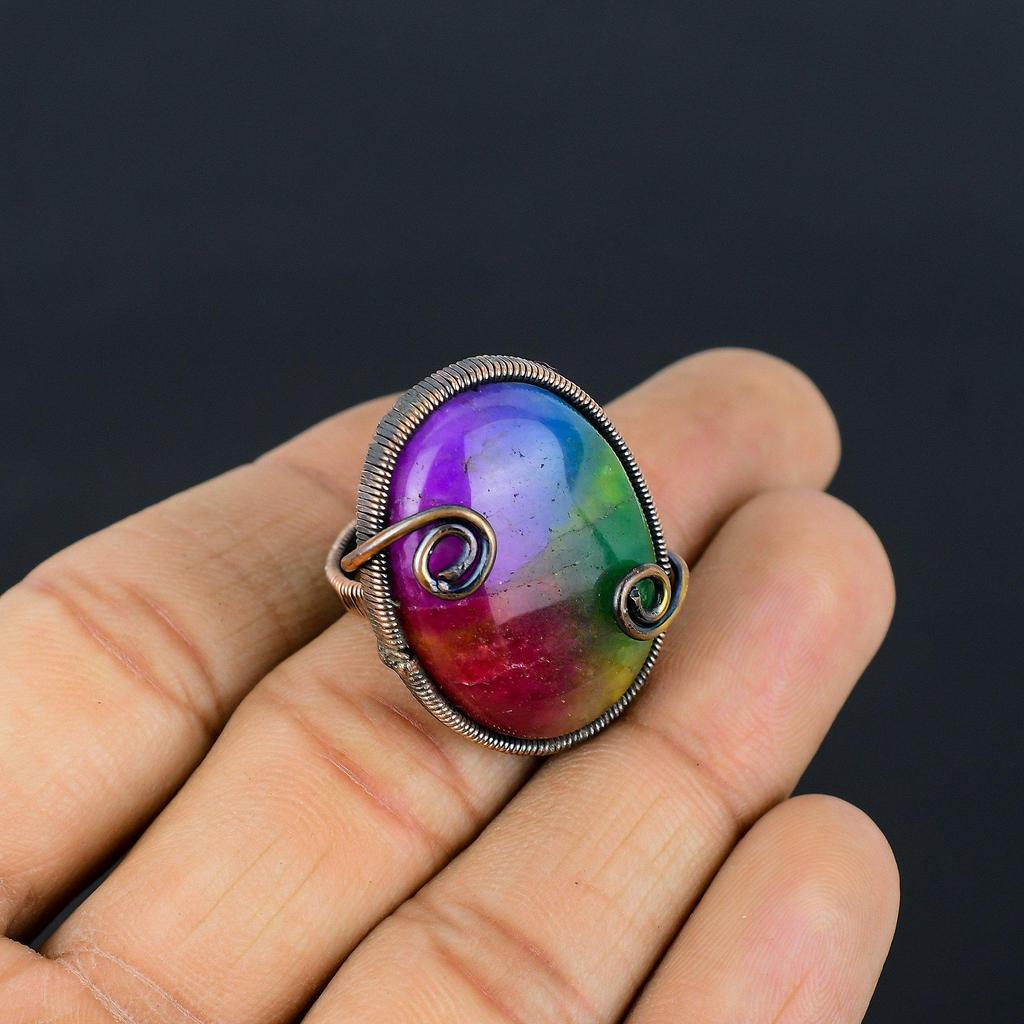 Rainbow Solar Quartz Gemstone Copper Wire Wrapped Handmade Jewelry Ring For Her All Size