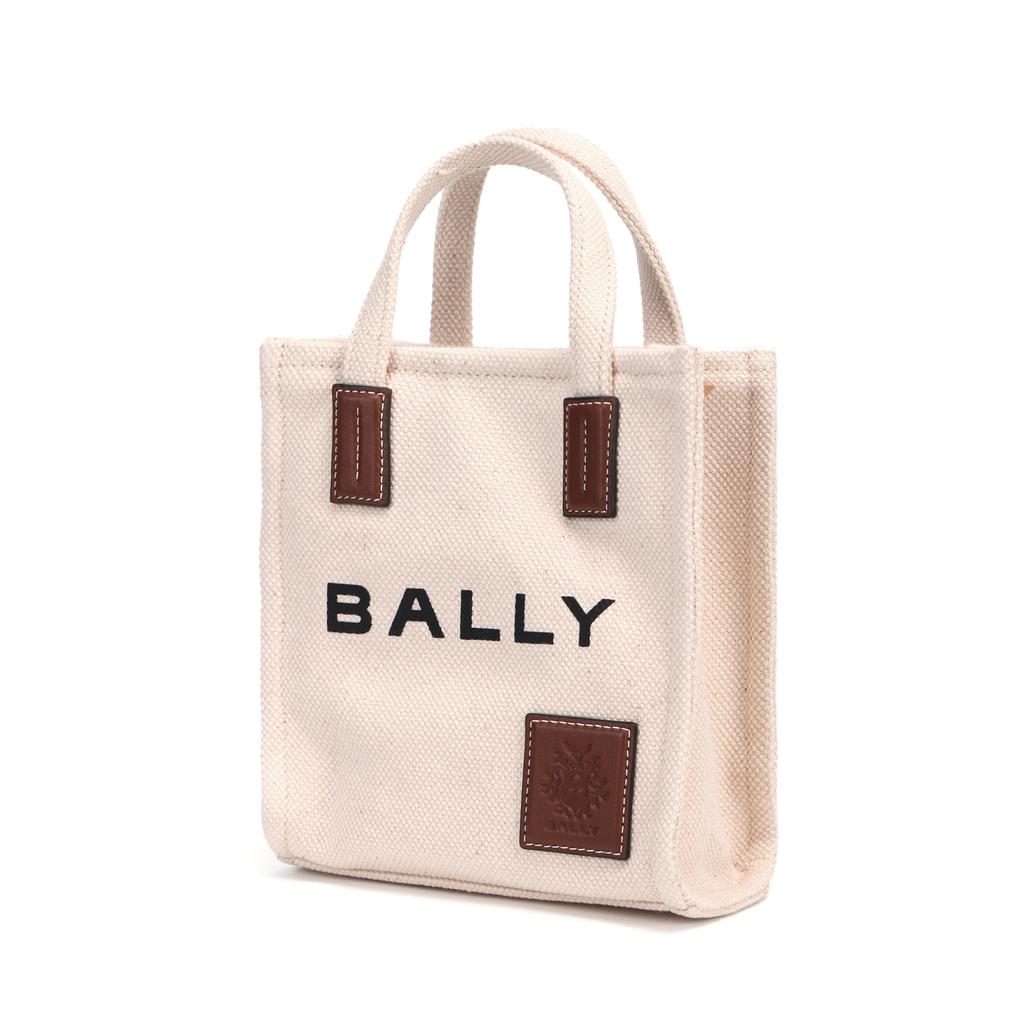 Bally Хлопковая ткань с принтом логотипа Акелей и кожаной отделкой Мини-сумка-тоут Женская сумка-тоут Бежевая 6307810