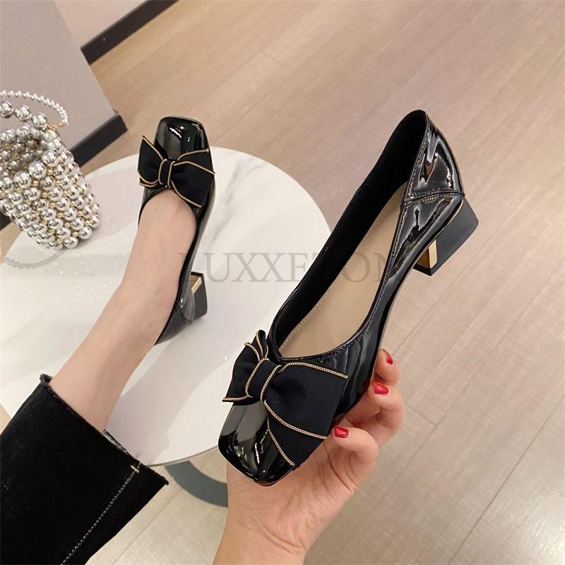 Туфли из натуральной кожи женские на высоком каблуке с толстым квадратным носком, элегантные с бантом и жемчужным верхом, для торжественных случаев, для банкета