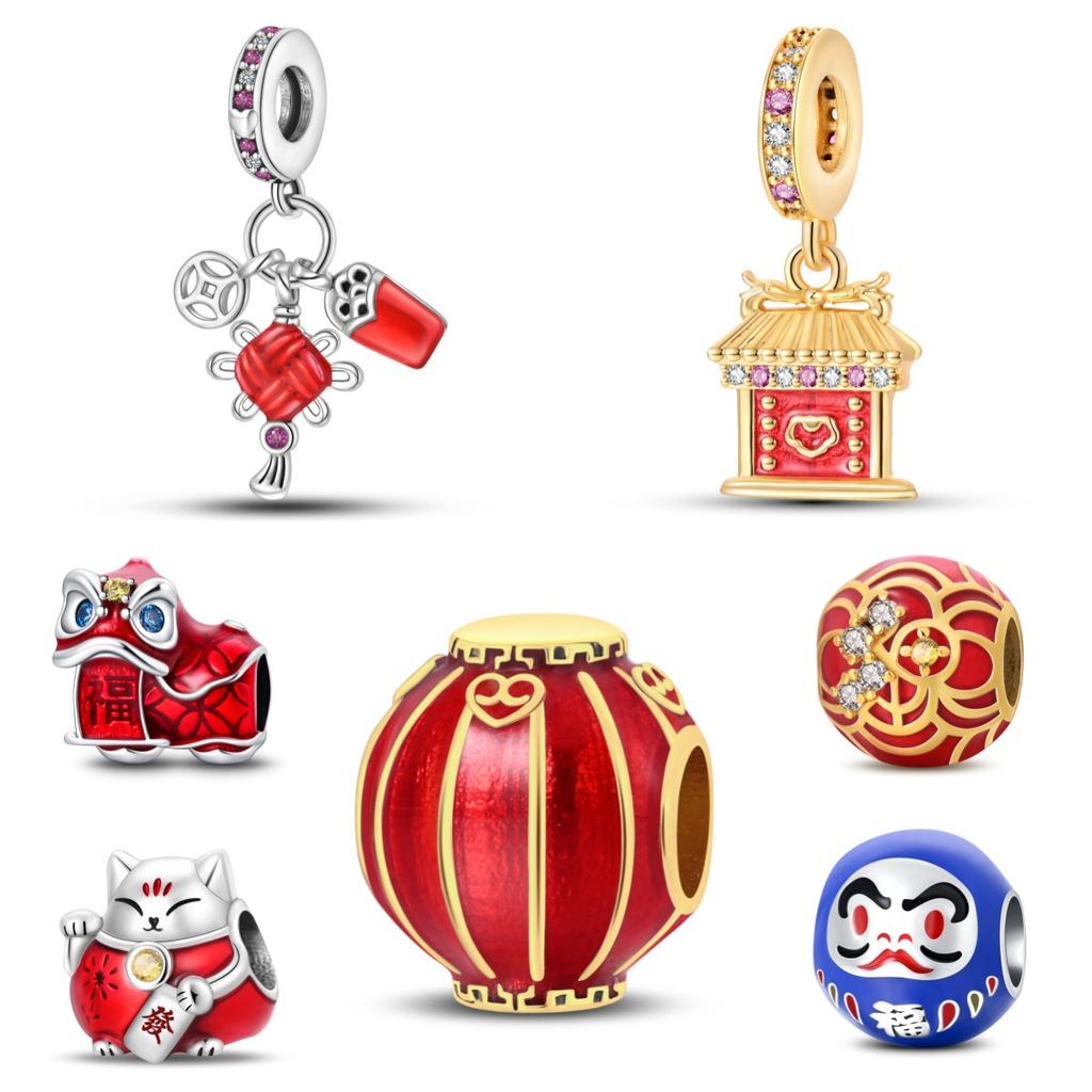 New Year'S Series Lion Dance Red Lantern Lucky Cat Charm Beads Copper Silver Plated