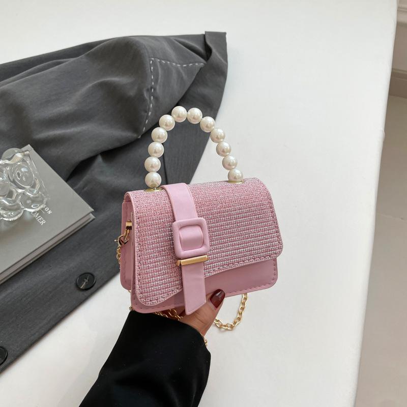 Simple, Shiny and Fashionable Spring New Solid Color Texture Pearl Portable Chain Crossbody Women's Small Square Bag