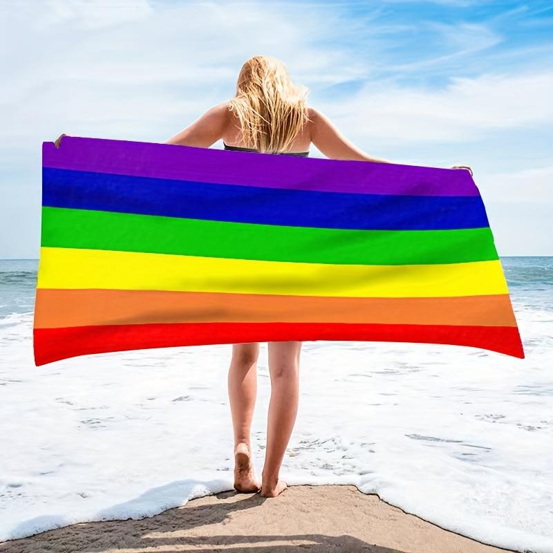 1 шт. пляжное полотенце в радужную полоску - яркий разноцветный дизайн Pride, быстросохнущее и супервпитывающее микроволокно, идеально подходит для пляжа и бассейна