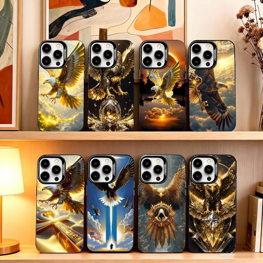 Stylish Eagle Golden Phone Case For iPhone 17,16,15,14,13,12,11 Plus,Pro Max,XS,Colorful Silver Black Cover