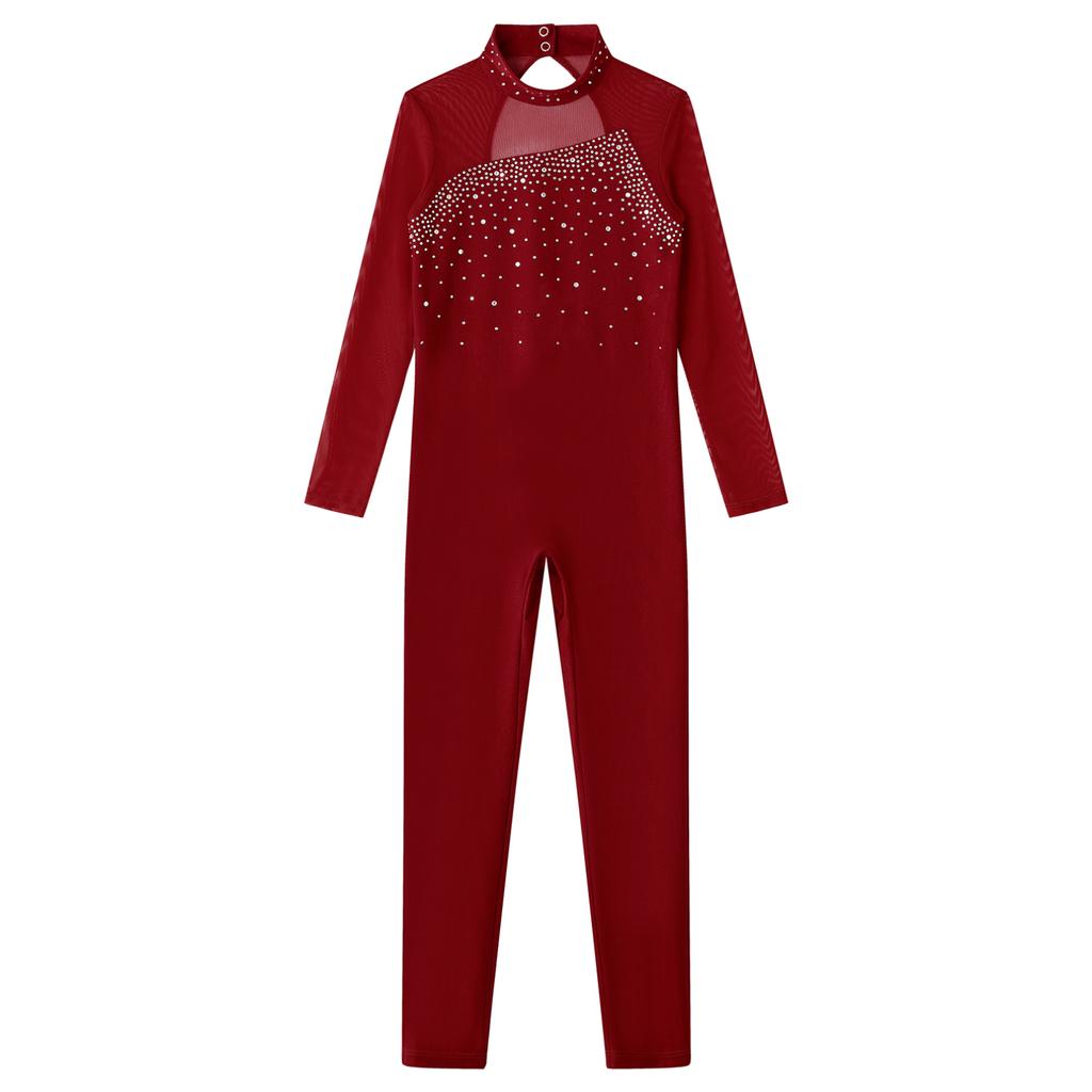 Стильная одежда для девочек, комбинезон для катания на коньках с длинными рукавами и круглым воротником, украшенный блестящими стразами и открытой спиной