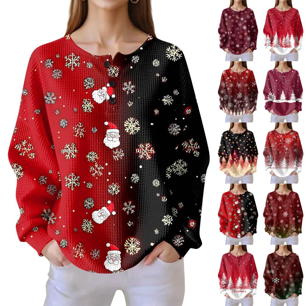 Women's Fashionable Casual Christmas Print V-Neck Long-Sleeved Button-Down Blouse