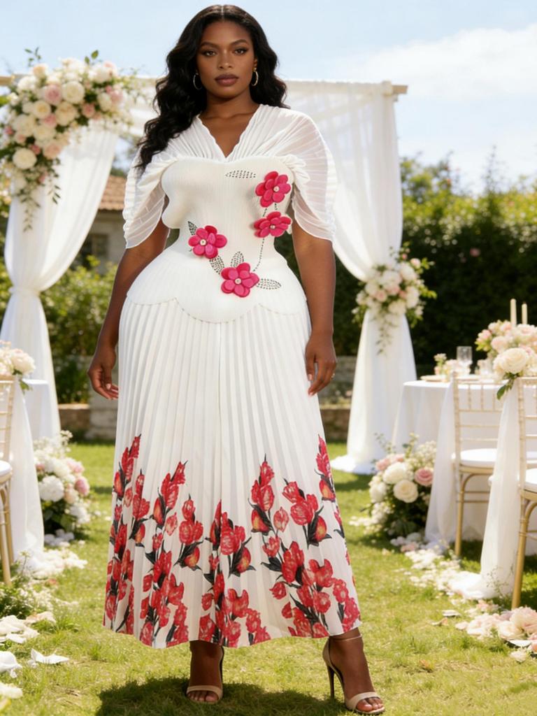 Элегантный набор Miyake Pleats Большого размера с рукавами-пузырями и цветочным дизайном со стразами