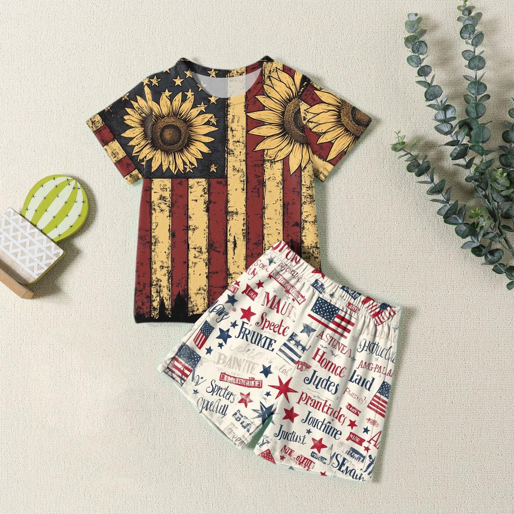 Мода для мальчиков девочек Повседневный комплект ко Дню независимости: футболка с круглым вырезом и короткими рукавами, шорты