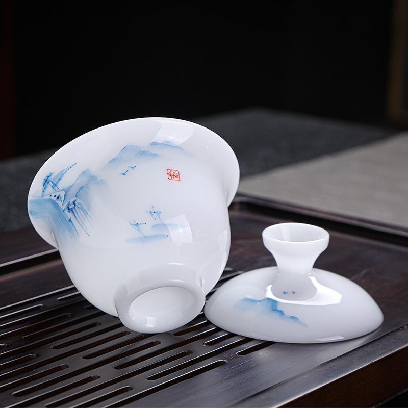 High-end tea set Dehua ice suet jade porcelain 11 heads bright ice and snow white tea landscape home business souvenir