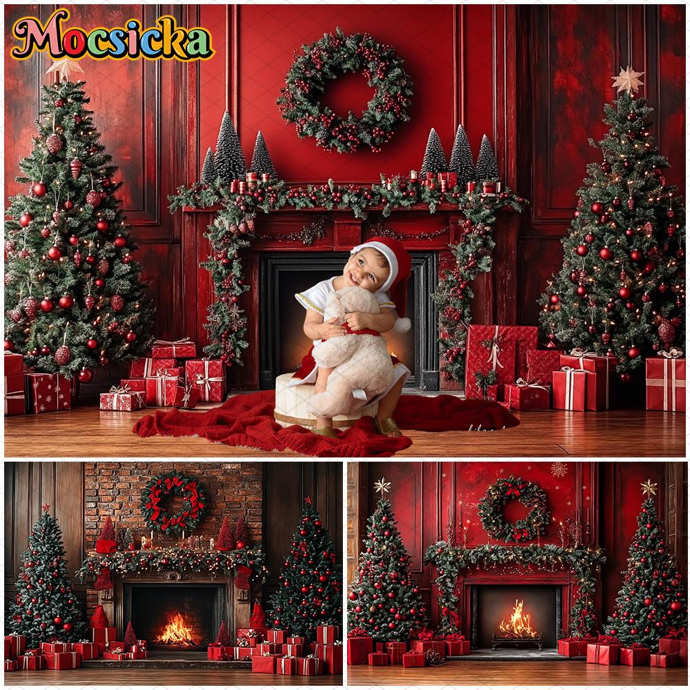 Mocsicka Рождественский фон для фотосъемки Камин Подарки Елка Вечеринка Фотофон В помещении Дом Красные обои Украшения Баннер