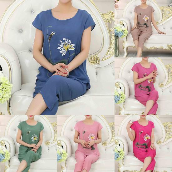 Middle-aged and Elderly Pajamas Women's Summer Suits Summer Tops T-shirts Pants Two-piece Home Clothes