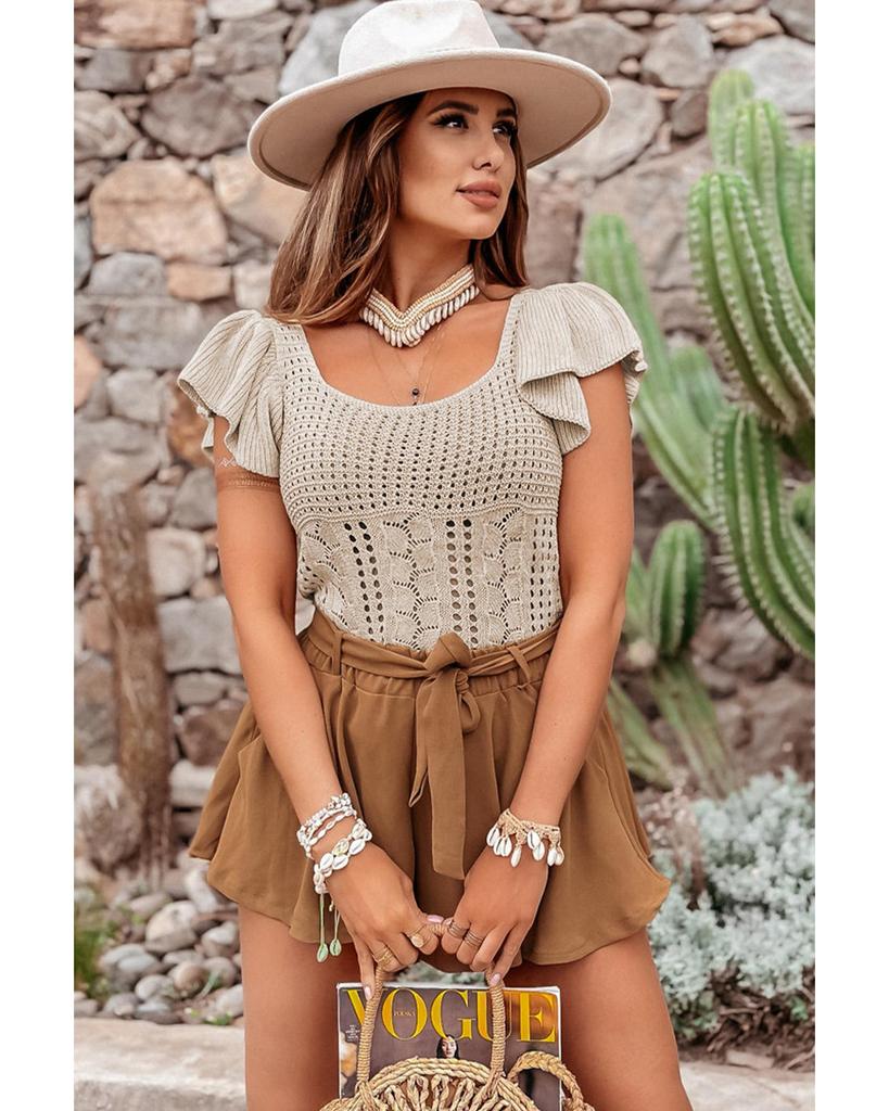 Azura Exchange Beige Pointelle Knit Flutter Sleeve Sweater