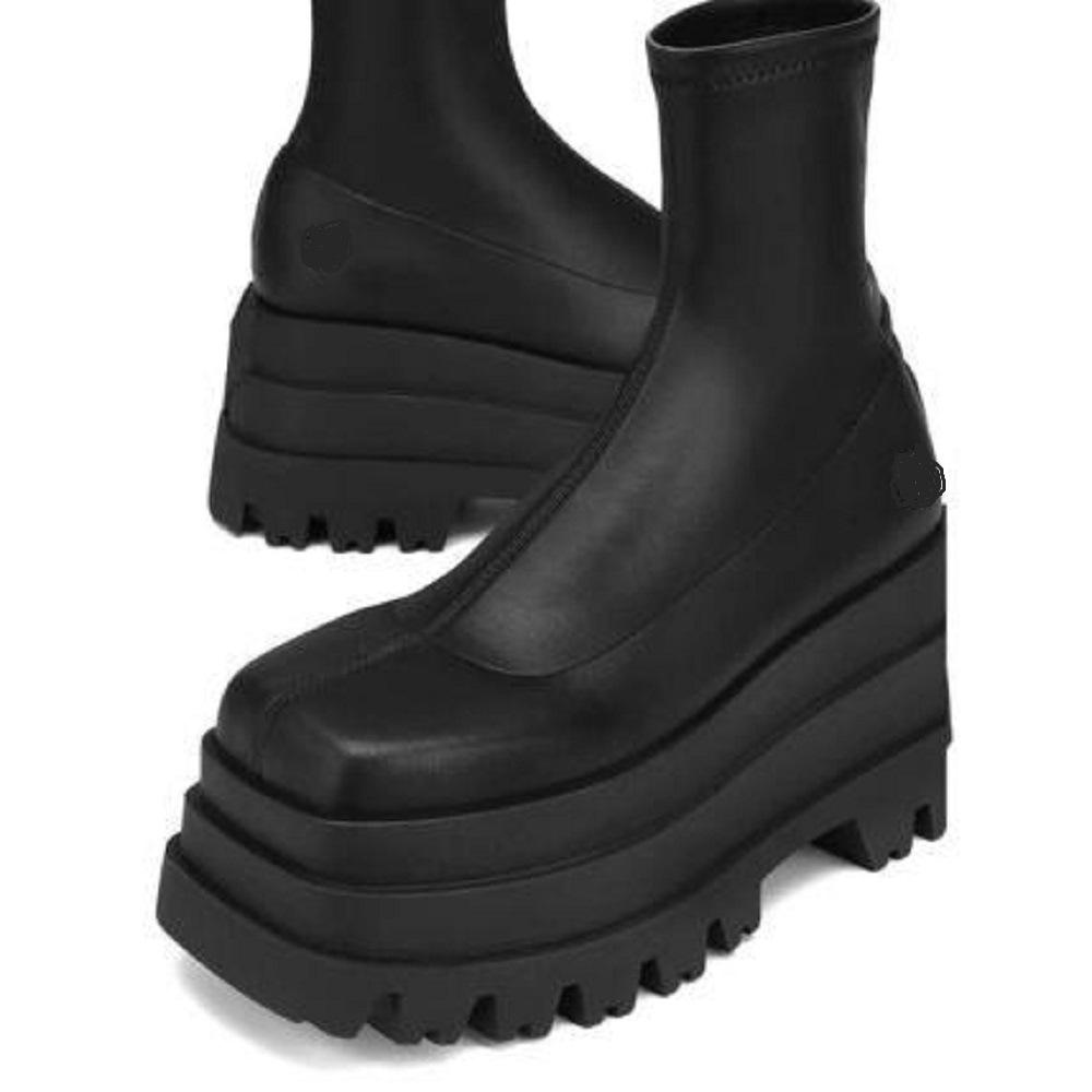 2022 Ботильоны на толстой платформе, клиновидном каблуке, с квадратным носком из кожи