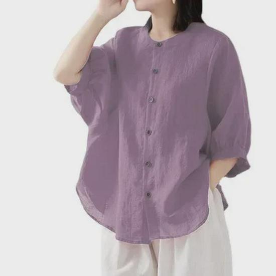 2025 Весна/Лето Женский Ретро-Топ из хлопка и льна с рукавами-фонариками и свободным кроем средней длины