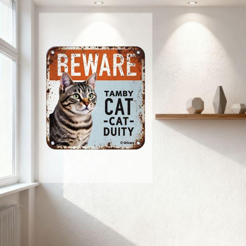 Vintage Rusty Square Metal Sign Beware Gray Tabby Cat Tamby Cat Cat Duty Sign for Man Cave Home Decor Aged Retro Metal Plaque wi
