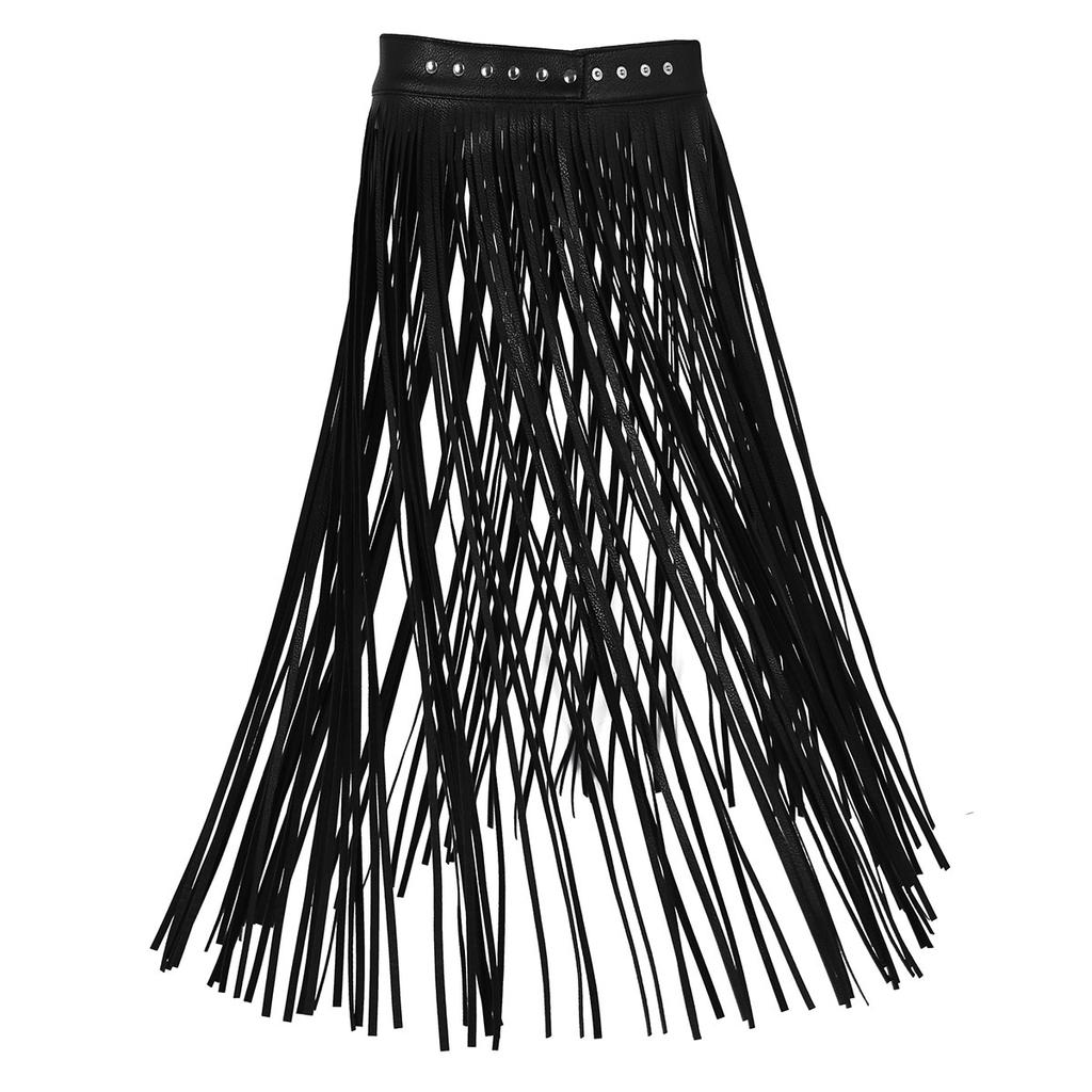Women Ladies Fashion Faux Leather Adjustable Hippie Boho Waistband Long Fringe Tassel Skirt Belt