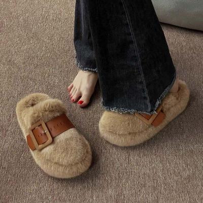 Пушистые тапочки на толстой подошве для женской уличной обуви 2025 новый осенне-зимний супер огонь домашние с закрытым носком полутапочки хлопковый моп