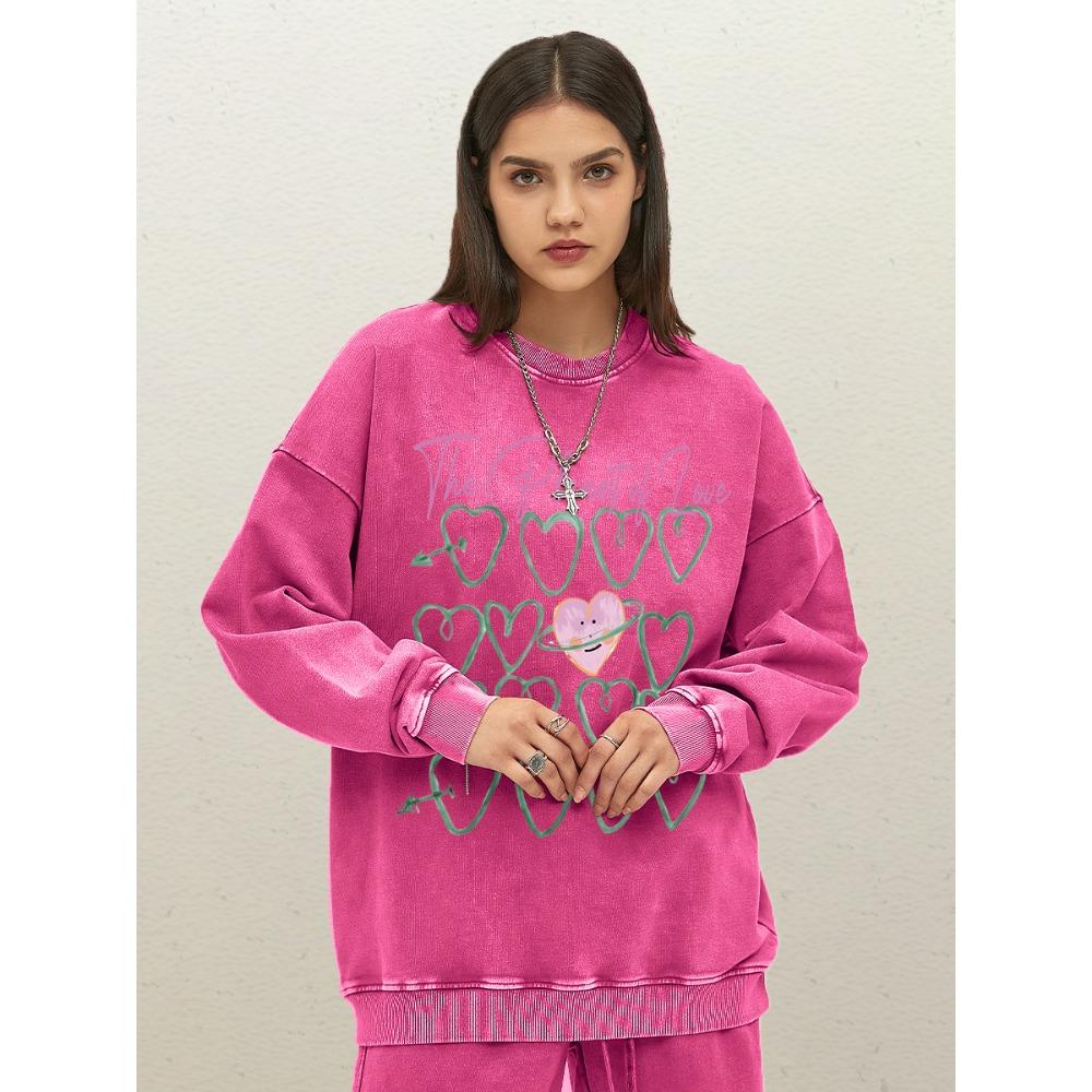 The Planet Of Love Creative Heart Prints Women Washed Sweatshirt Y2K Loose Sportswear Clothes Casual Cotton Pullovers