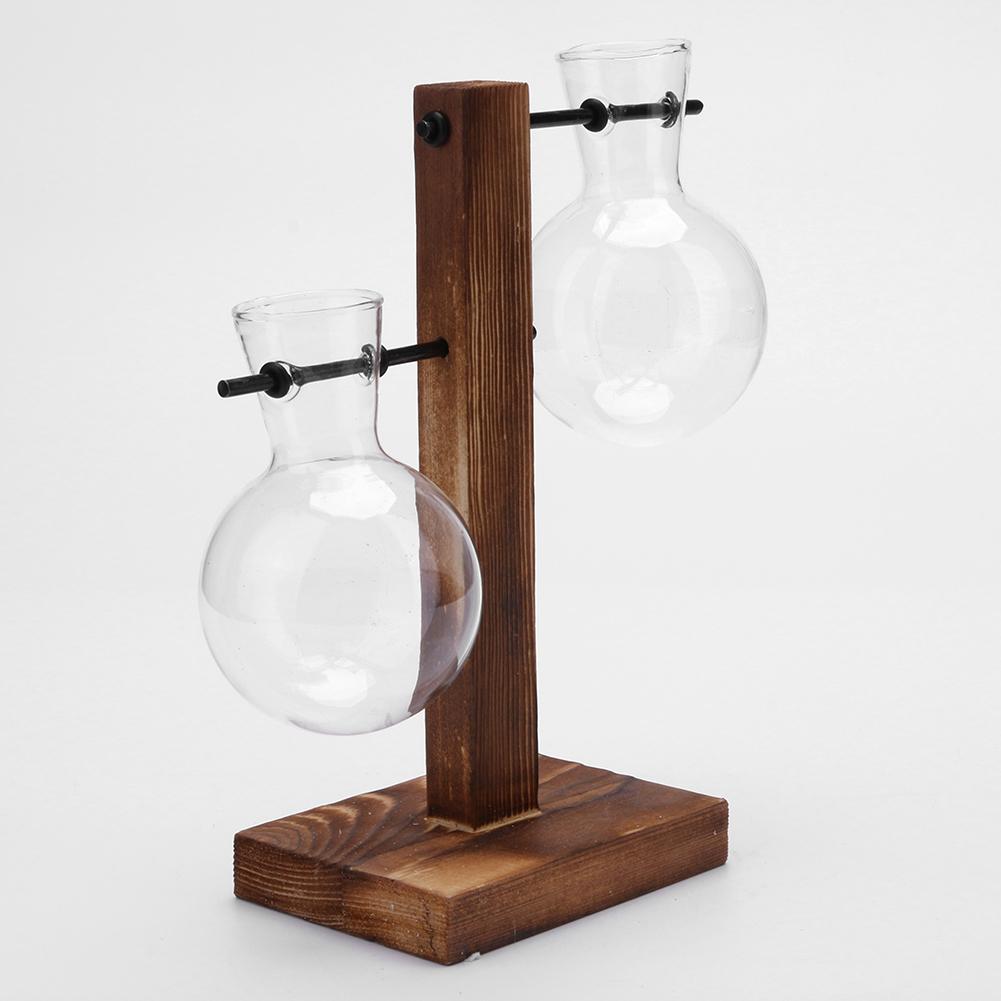 Plant Terrarium with Wooden Stand Hydroponic Planter Bulb Glass Bonsai Flower Pot for Home Office Decor Plant Lover Gift