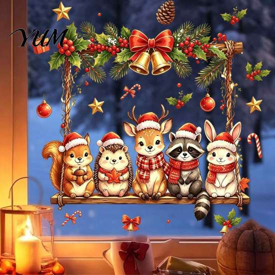 Festive Window Decorations Christmas Animals Decal, Static Cling Removable Sticker, Waterproof PVC Cute Winter Party Ornaments Deer Bunny on