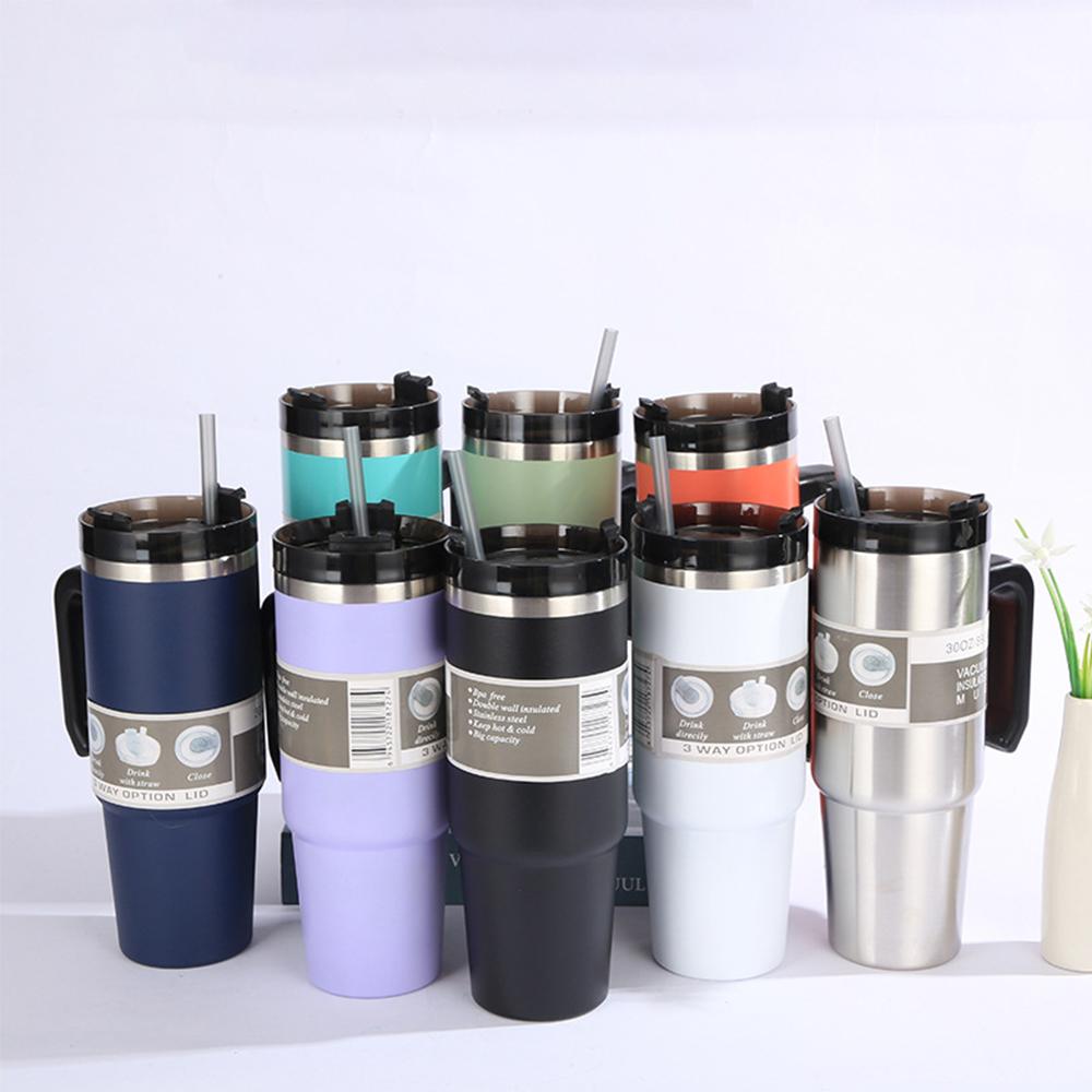 30oz Stainless Steel Vacuum Insulated Tumbler with Lid Thermal Coffee Car Cup Travel Mug Large Capacity with Handle Straw Mug