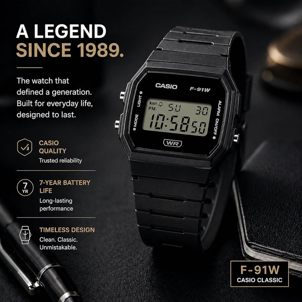 Casio F91W Digital Watch Waterproof LED Light Stopwatch 1/100 Sec Black/White Minimalist Design