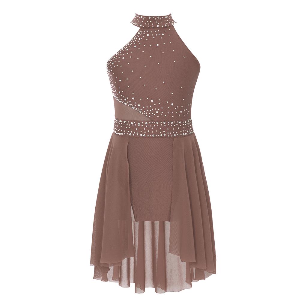 Girls Glittery Lyrical Dance Dress - Rhinestone Decor & Irregular Hem for Stage Performances