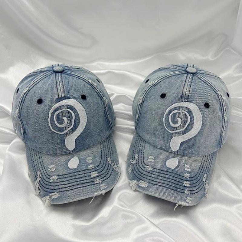 American-style distressed question mark embroidered baseball cap for men, washed denim distressed trendy hip-hop street cap for women