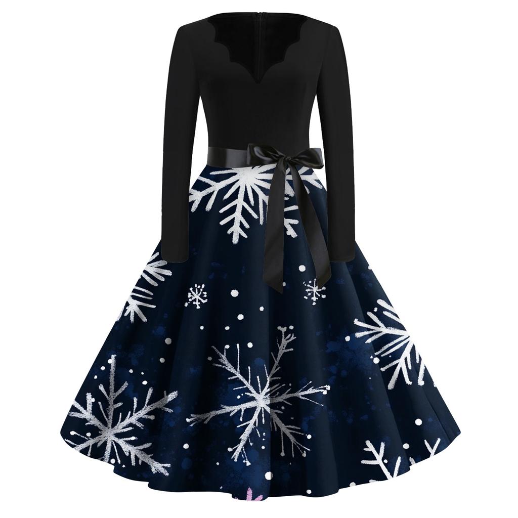 Женские модные повседневные тонкие рождественские платья с длинным рукавом с v-образным вырезом и принтом