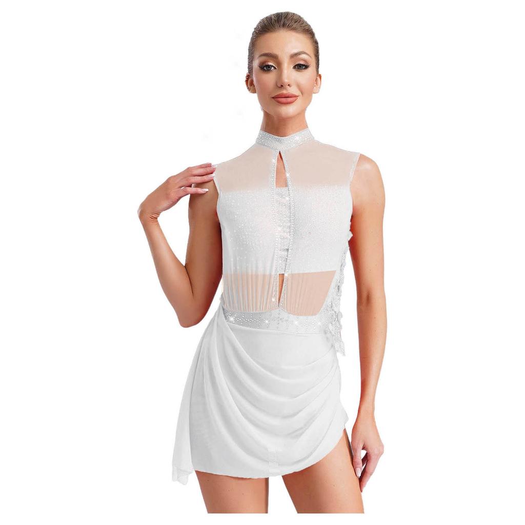 Женский костюм для фигурного катания Прозрачная сетчатая накладка Вырез на спине Без рукавов Платье с блестящими стразами Аппликация Танцевальная одежда