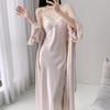 Ice Silk Long Sleeve Extra Long Robe with Chest Pad & Camisole Nightdress for Women