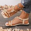 Fashion Flower Beaded Bohemian Sandals Women Square Toe Printing Braided Flat Sandals Woman 2025 Summer Comfortable Beach Shoes