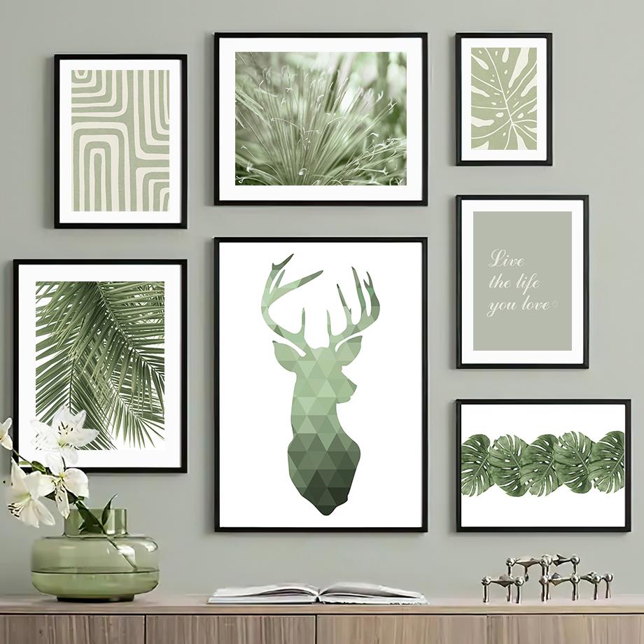 Canvas Painting Palm Leaves Green Plants Deer Abstract Nordic Posters And Prints Wall Art Pictures For Living Room Home Decor
