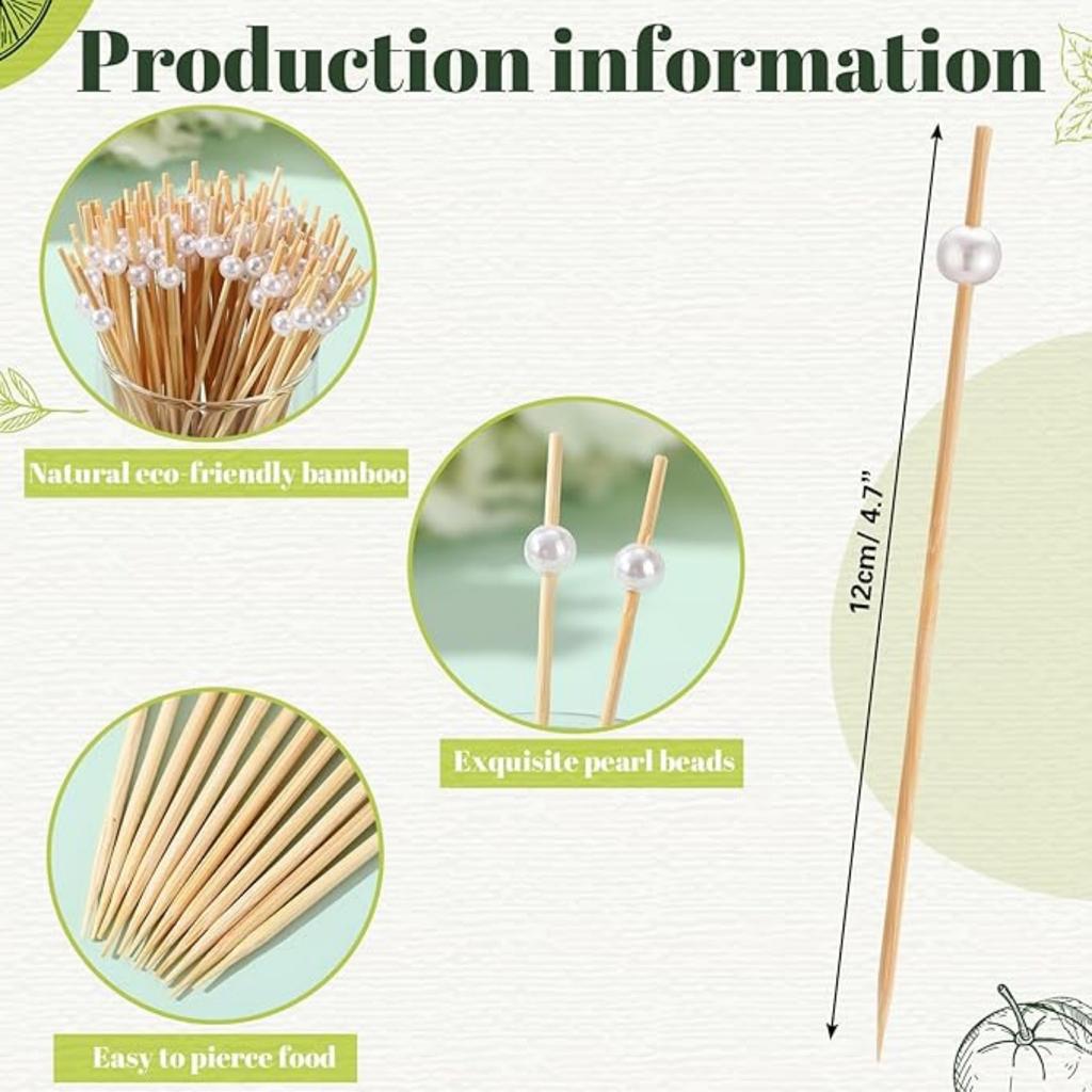 100 Counts Cocktail Picks, Fancy Toothpicks for Appetizers, Pearl Wooden Sticks for Party Supplies, Valentine's Day Food Picks for Party