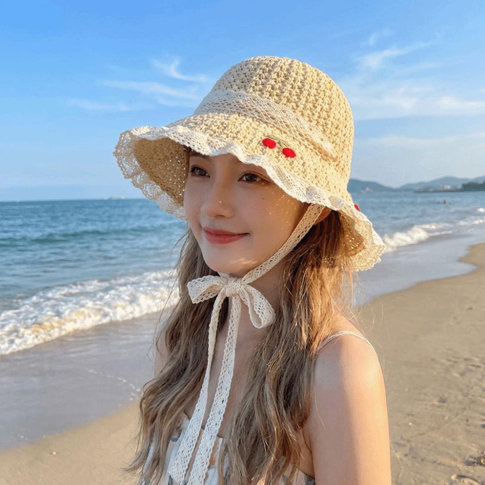 Cherry Embroidered Straw Fisherman Hat Lace Woven Bucket Hat Unique Women Sun Hat Ladies