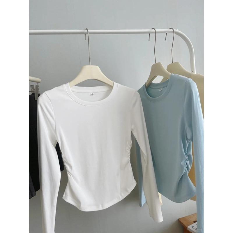 Card Waist Pleated White Long-sleeved Short Top Women's Autumn Small Hot Girl Slim-fitting Straight Shoulder Bottoming Shirt T-shirt