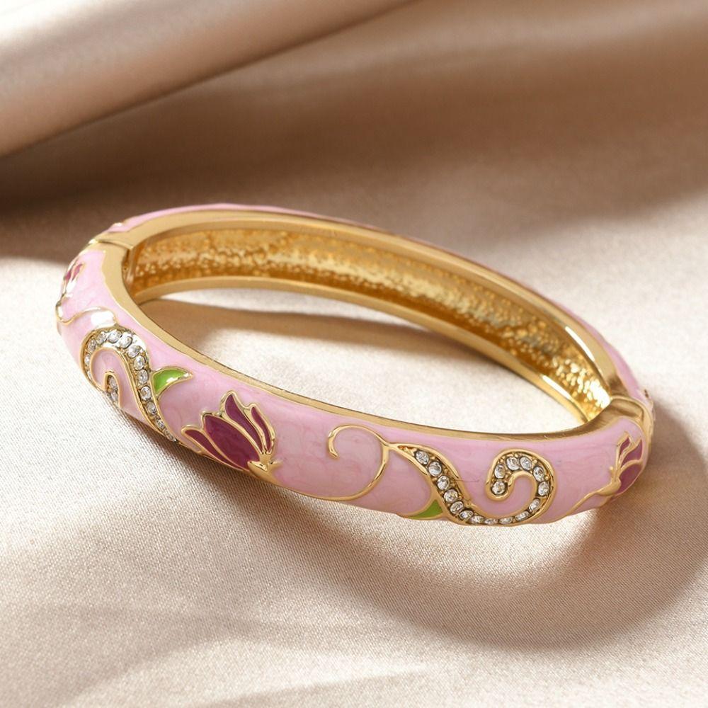 Open Chinese Cloisonne Bracelet Traditional Cheongsam Bracelet Classic Lotus Flower Bangle  Daily
