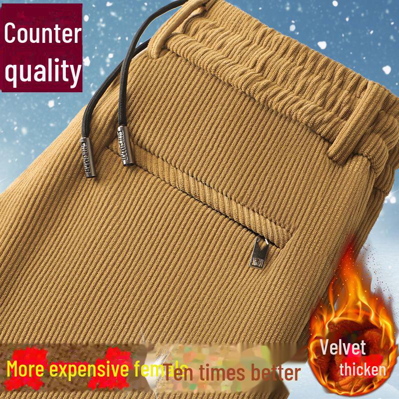 Мужские деловые брюки осень/зима из вельвета с эластичной резинкой на талии — плотные, теплые, плюс бархат, прямого кроя